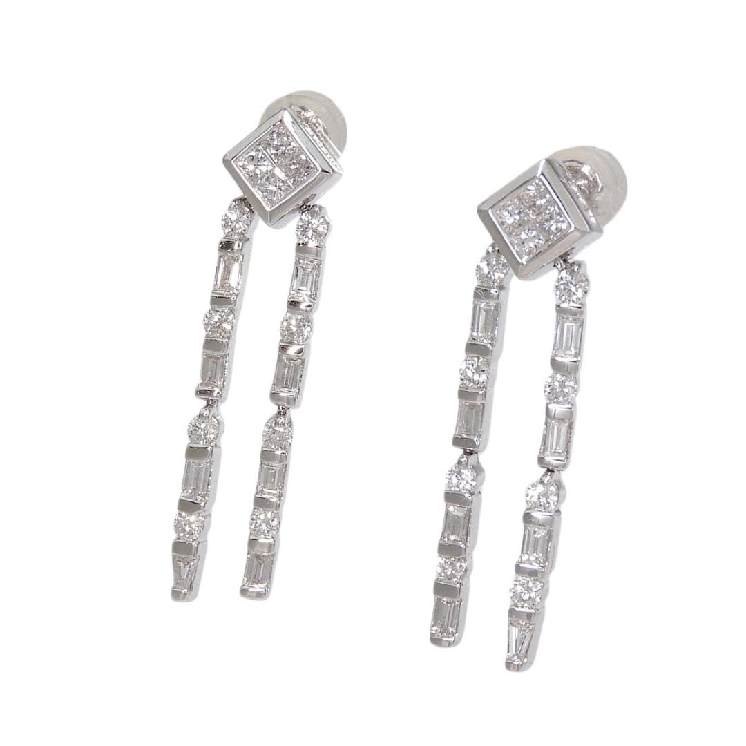 K18WG ホワイトゴールド ダイヤモンド 1.28ct 1.28ct 2連チェーン 揺れ ピアス レディース 4778