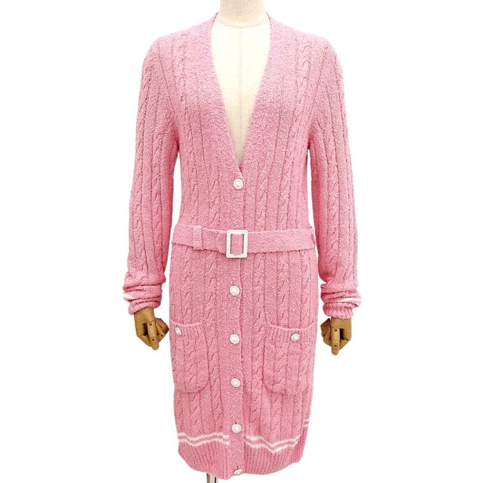 シャネル CHANEL ロングカーディガン ニット ピンク サイズ34 レディース ヴェルジニーヴィアール期 ライオンボタン ベルト付き 2022年 4797