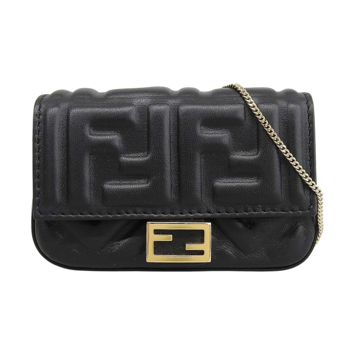 フェンディ FENDI ナノバッケトチャーム ミニバッグ ショルダーバッグ チェーンショルダー レザー ブラック ゴールド金具 レディース 4802