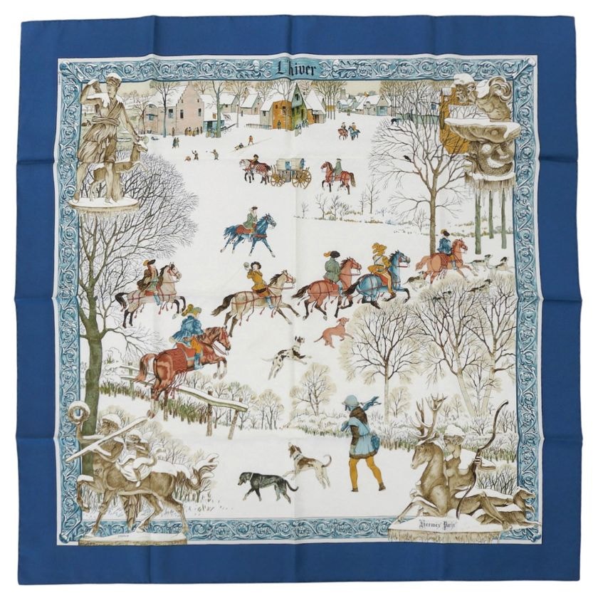 エルメス HERMES カレ90 スカーフ L`hiver 冬の火 馬 風景 シルク ネイビー×マルチカラー レディース 4807