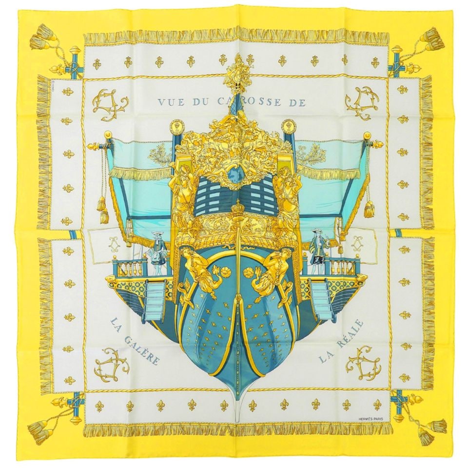 エルメス HERMES カレ90 スカーフ VUE DU GALERE LA REALE クィ－ンの載冠式 シルク ホワイト×マルチカラー レディース 4809