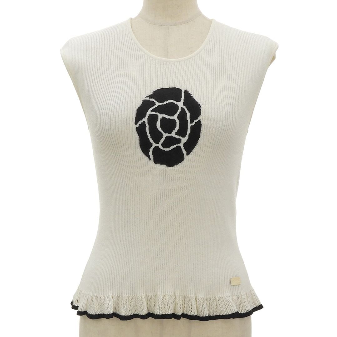 シャネル CHANEL ニット ノースリーブ コットンシルク ホワイト サイズ40 レディース 01P 2001年春 リブ編み 裾フリル カメリア 4821