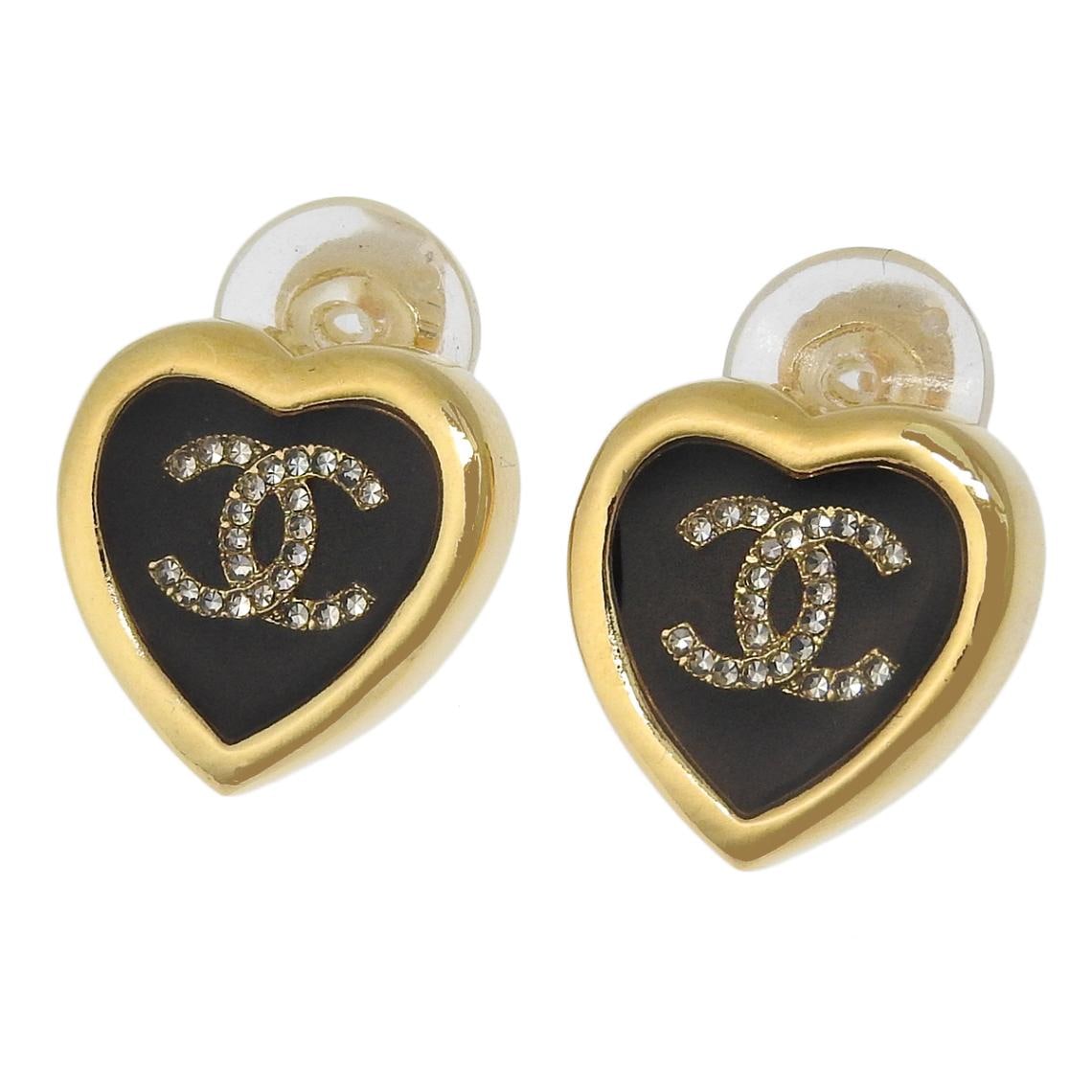 シャネル CHANEL ココマーク ハート イヤリング ラインストーン レジン ブラック×ゴールド系 レディース F25B 4826