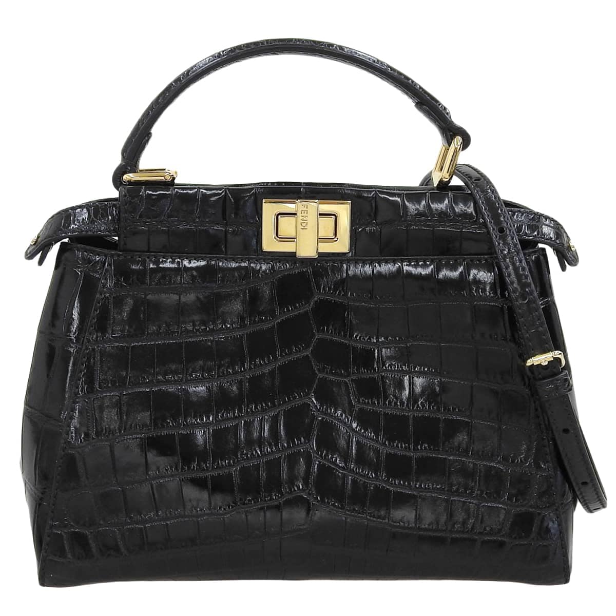 フェンディ FENDI ピーカブー アイシーユー プチ 2WAY ハンドバッグ ななめ掛け クロコダイルレザー ブラック ゴールド金具 レディース 4839