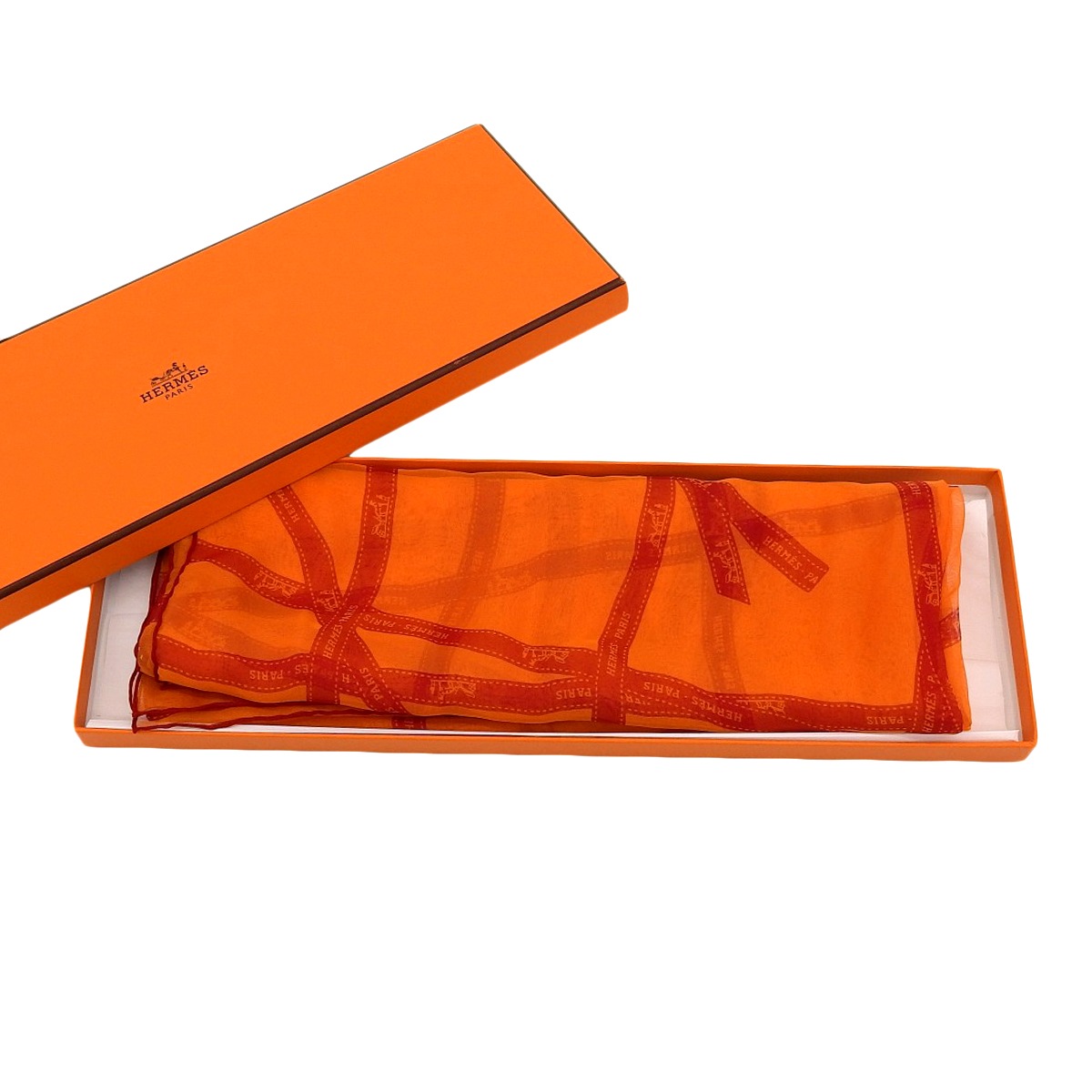 エルメス HERMES ボルデュックリボン シフォンスカーフ 軽量 シルク オレンジ レディース 4760