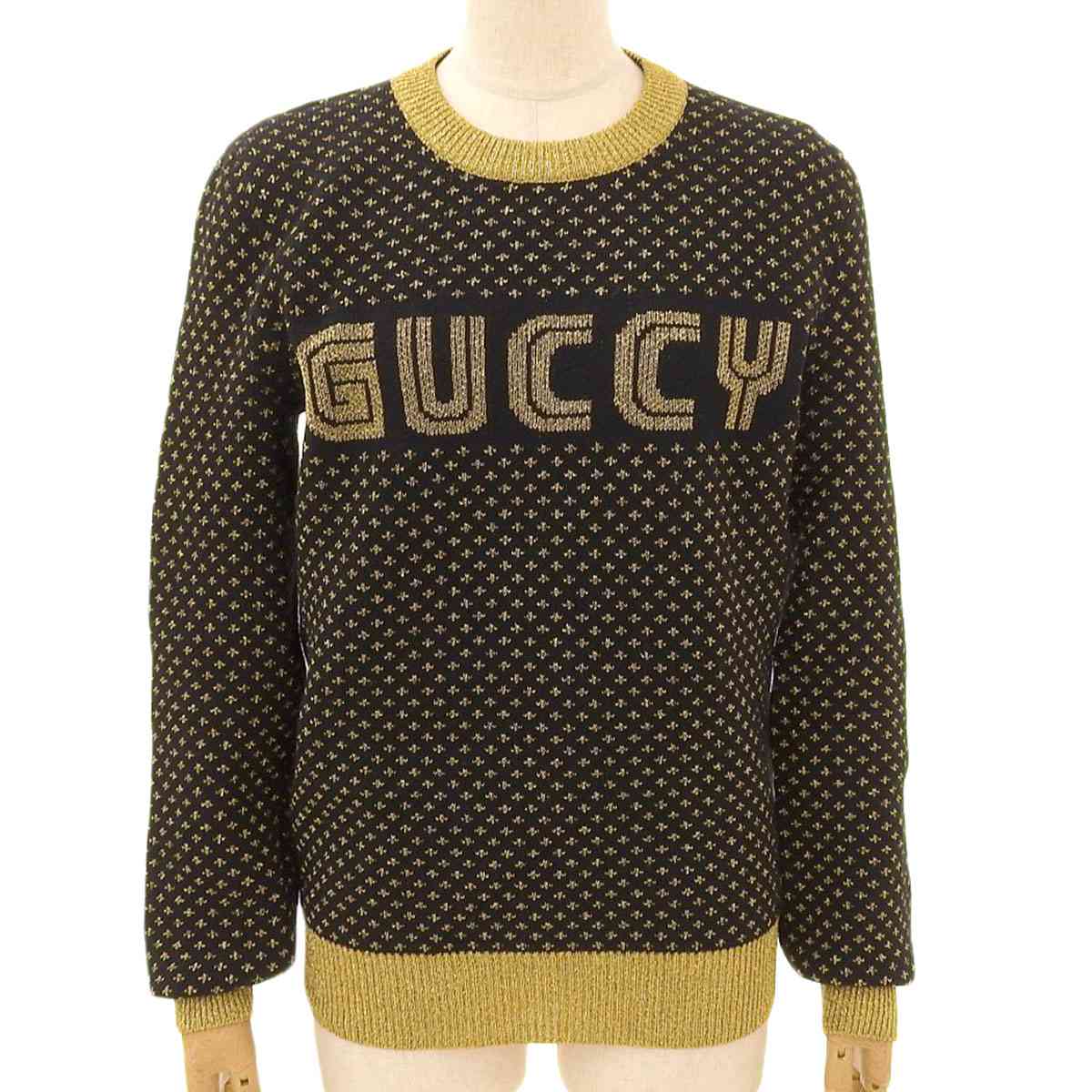 グッチ GUCCI 長袖 ラメ セーター ウール混 ブラック ゴールド S レディース 8898