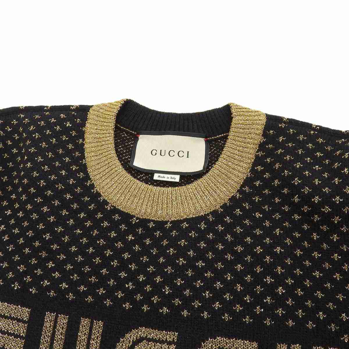 グッチ GUCCI 長袖 ラメ セーター ウール混 ブラック ゴールド S レディース 8898