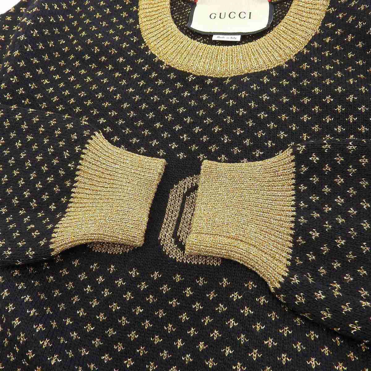 グッチ GUCCI 長袖 ラメ セーター ウール混 ブラック ゴールド S レディース 8898