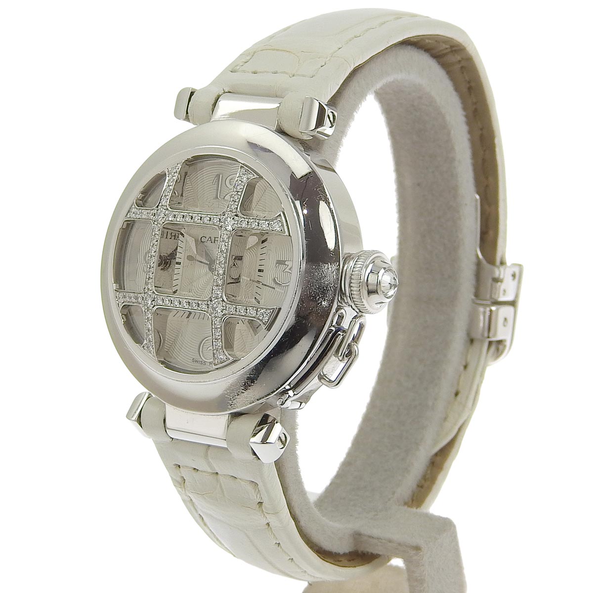 カルティエ CARTIER パシャグリッド32 レディース オートマ 腕時計 純正レザーベルト クロコ ダイアモンド 18K 750WG 8949