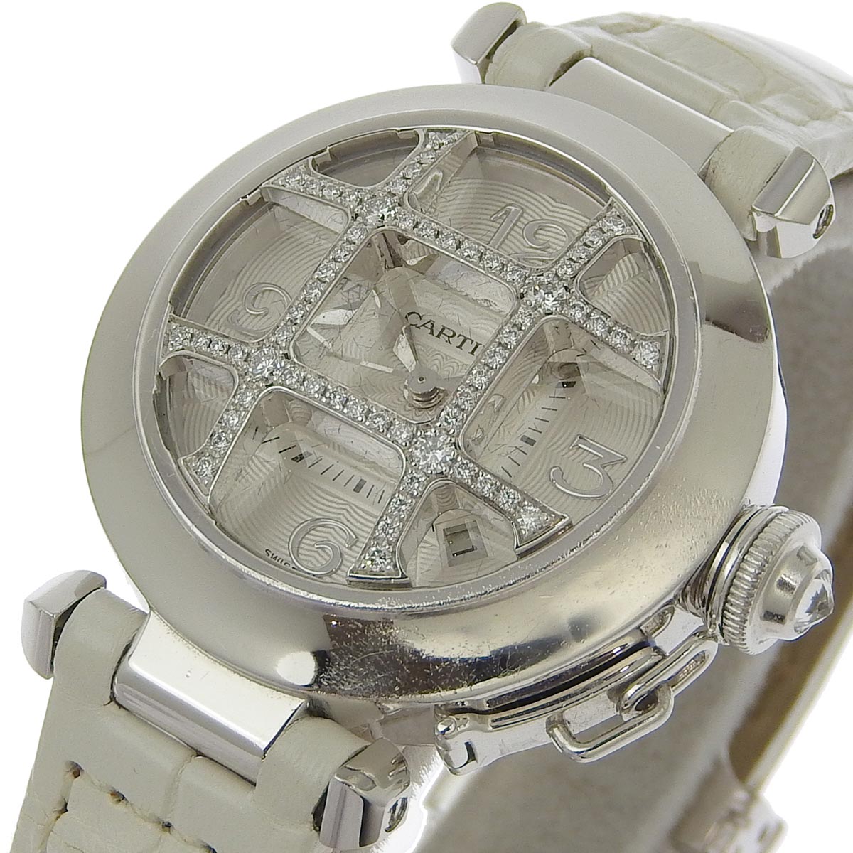 カルティエ CARTIER パシャグリッド32 レディース オートマ 腕時計 純正レザーベルト クロコ ダイアモンド 18K 750WG 8949