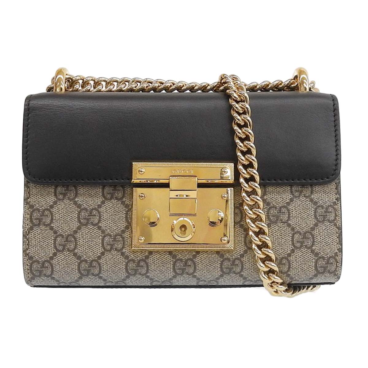 グッチ GUCCI パドロック チェーンショルダー ショルダーバッグ GGスプリームキャンバス レザー ブラック×ベージュ系 レディース  4294