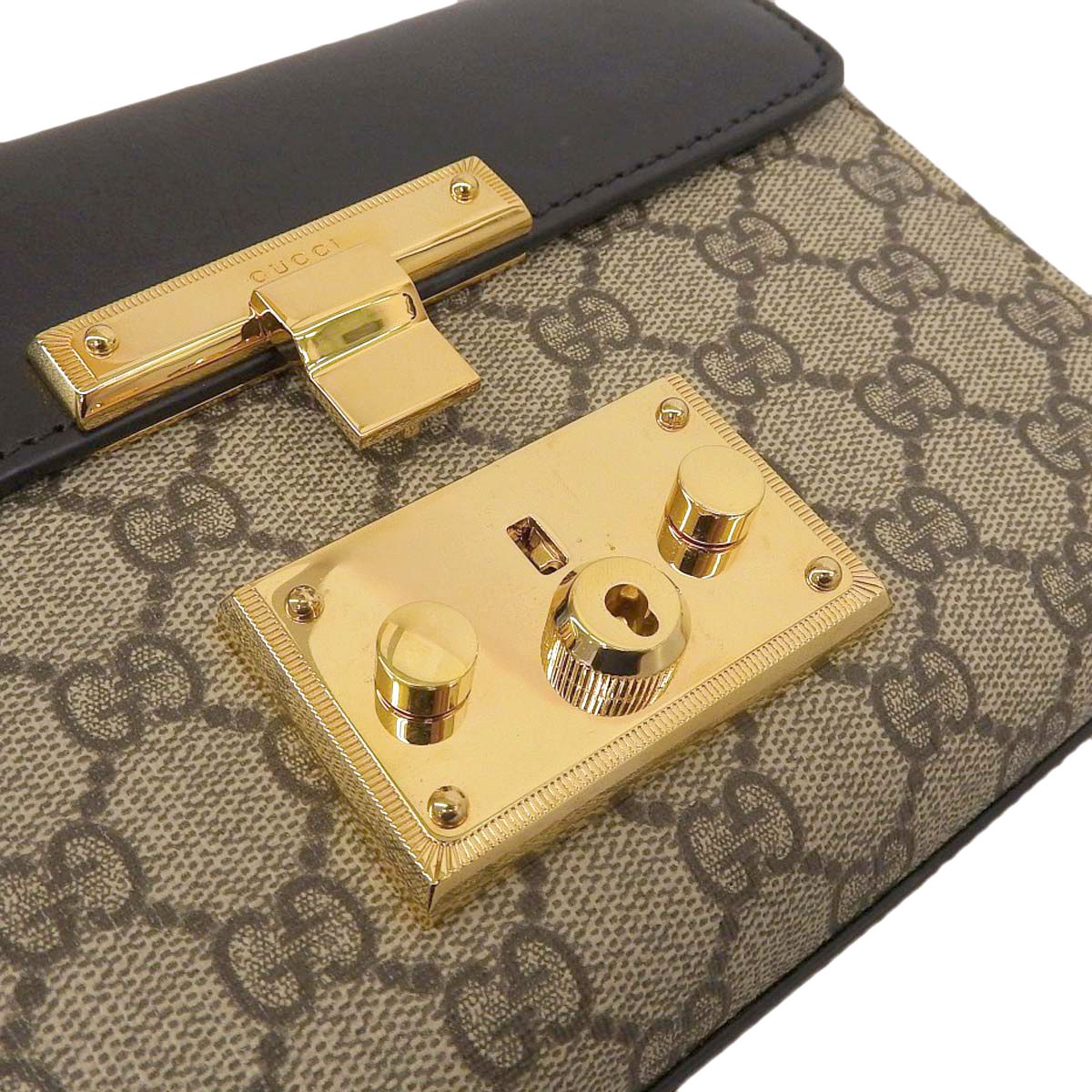グッチ GUCCI パドロック チェーンショルダー ショルダーバッグ GGスプリームキャンバス レザー ブラック×ベージュ系 レディース  4294