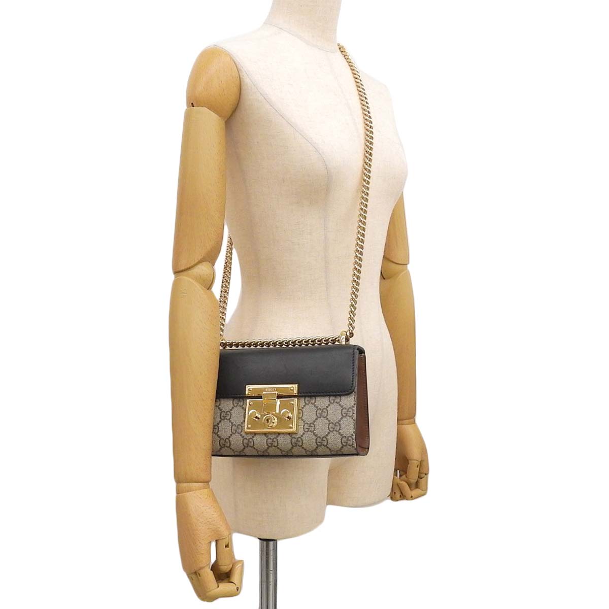 グッチ GUCCI パドロック チェーンショルダー ショルダーバッグ GGスプリームキャンバス レザー ブラック×ベージュ系 レディース  4294