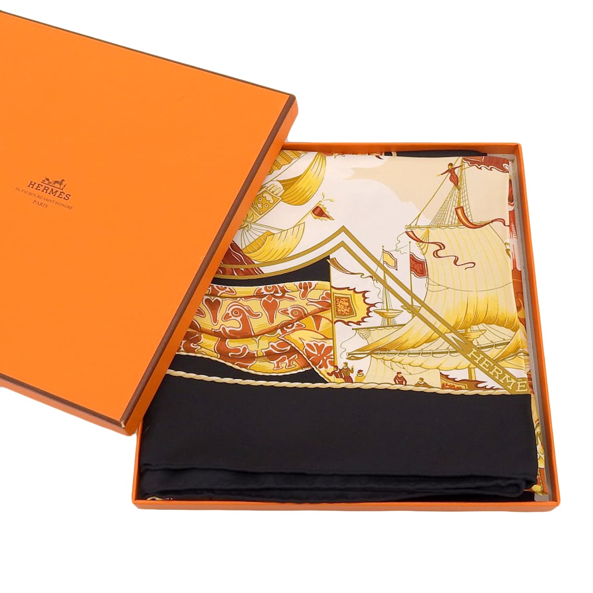 エルメス HERMES カレ90 Au-dera des cing mers 5つの海を越えて スカーフ シルク ブラック レディース 4763