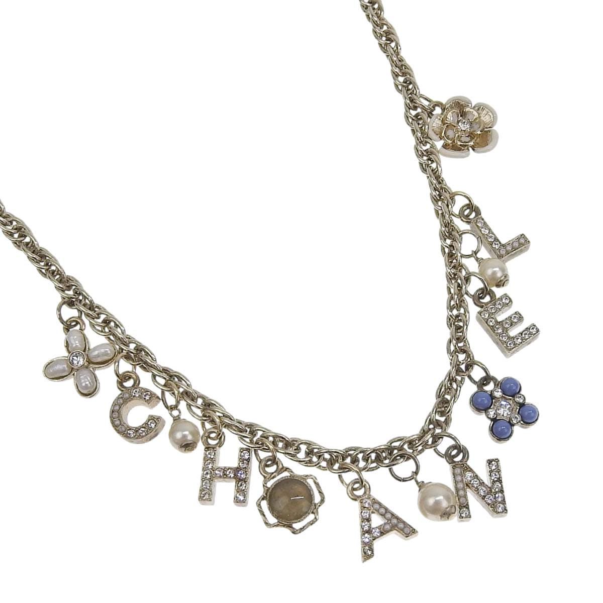 シャネル CHANEL ロゴ カメリア チャーム ネックレス メタル ラインストーン フェイクパール シャンパンゴールド レディース 19C 4709