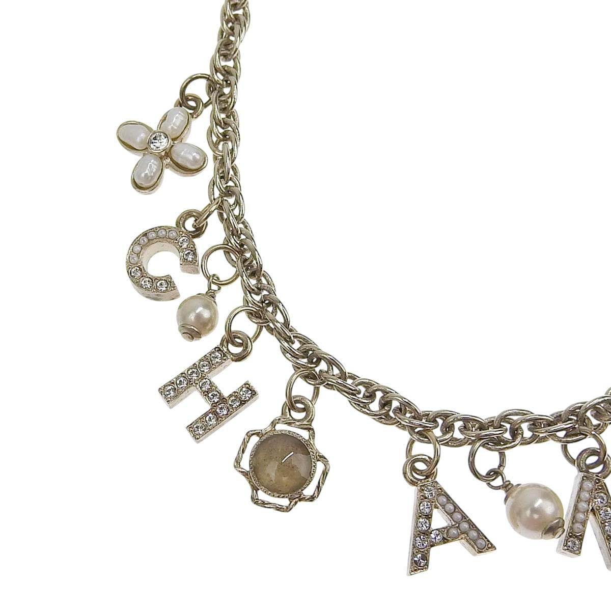 シャネル CHANEL ロゴ カメリア チャーム ネックレス メタル ラインストーン フェイクパール シャンパンゴールド レディース 19C 4709