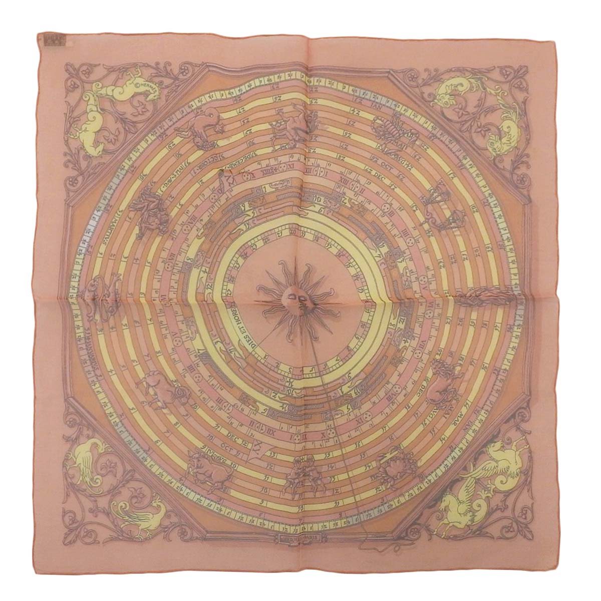 エルメス HERMES プチカレ シフォン スカーフ DIES ET HOPE 占星術 シルク100% ピンクオレンジ系 レディース 4373