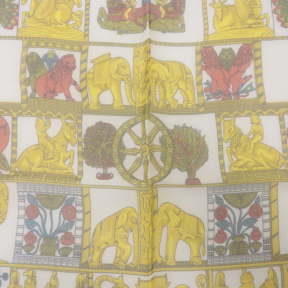 エルメス HERMES プチカレ シフォン スカーフ TORANA 塔門 シルク100% ゴールド×ブラックマルチカラー レディース 4374