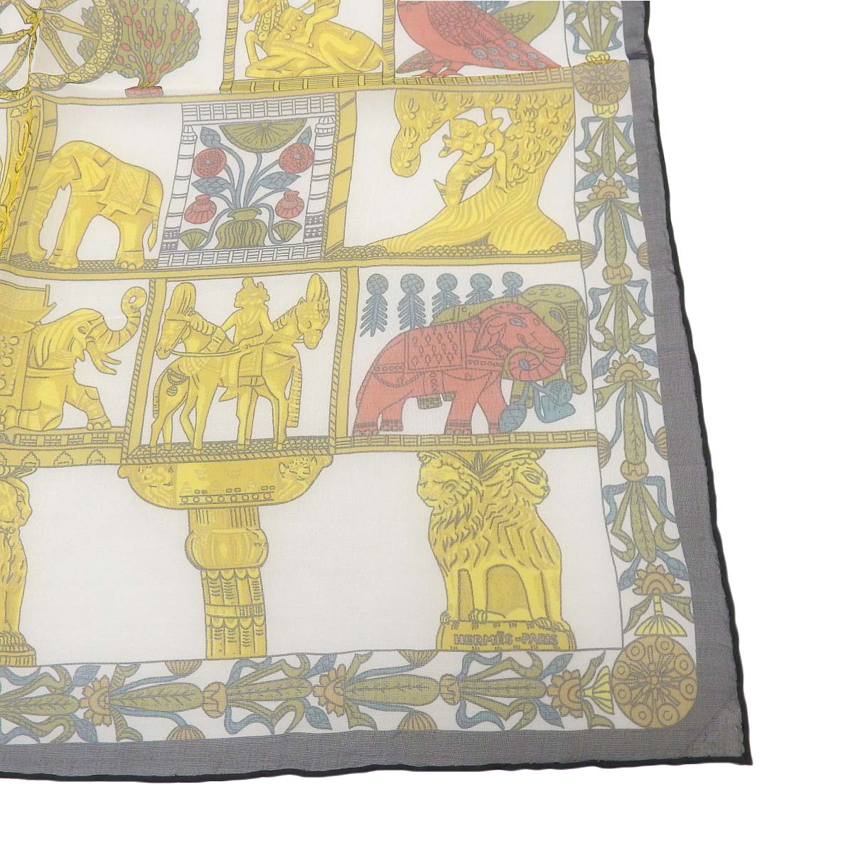 エルメス HERMES プチカレ シフォン スカーフ TORANA 塔門 シルク100% ゴールド×ブラックマルチカラー レディース 4374