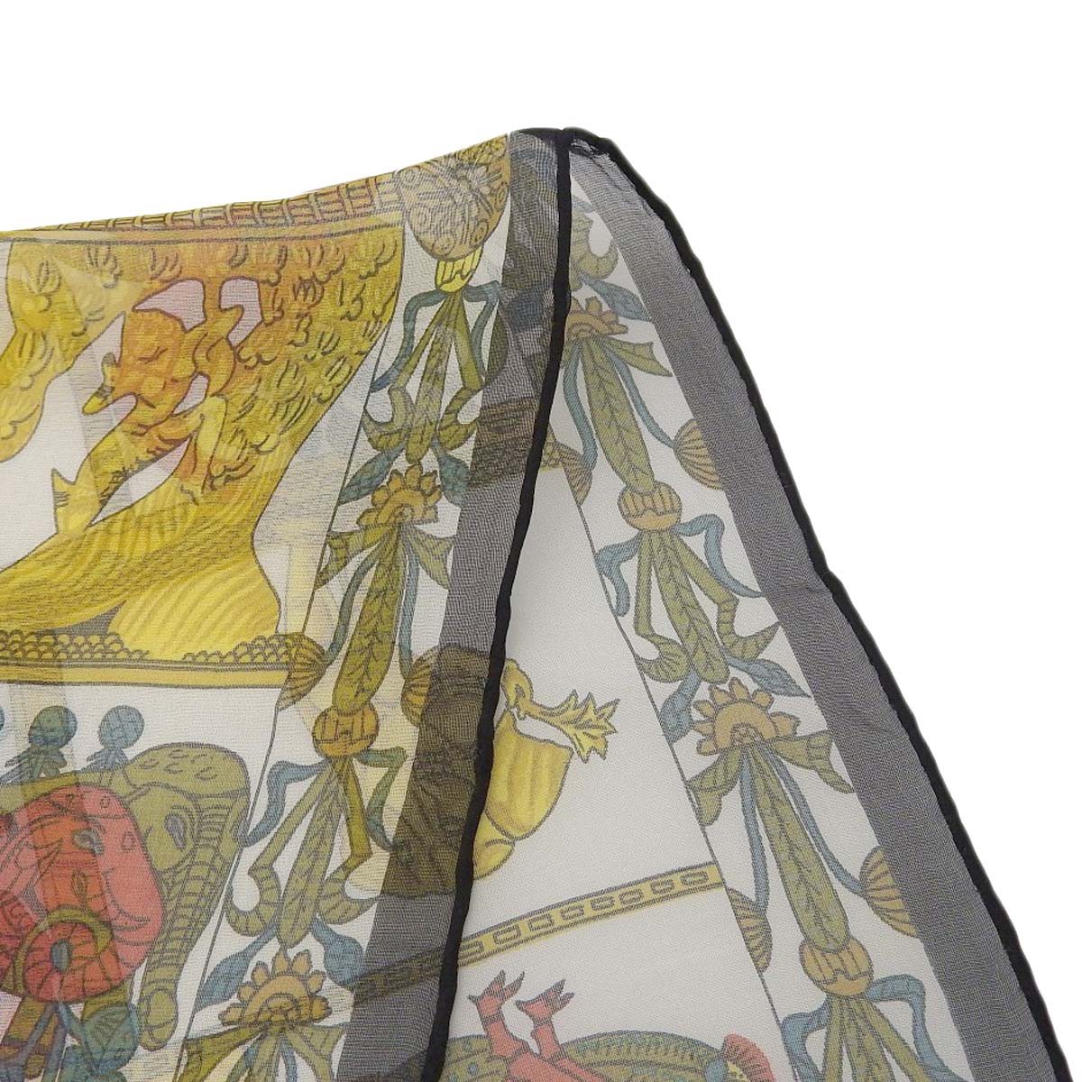 エルメス HERMES プチカレ シフォン スカーフ TORANA 塔門 シルク100% ゴールド×ブラックマルチカラー レディース 4374