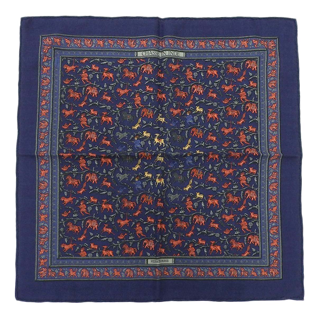 エルメス HERMES プチカレ スカーフ CHASSE EA INDE インドの狩猟 象 カシミヤ シルク ネイビー系 レディース メンズ 4376