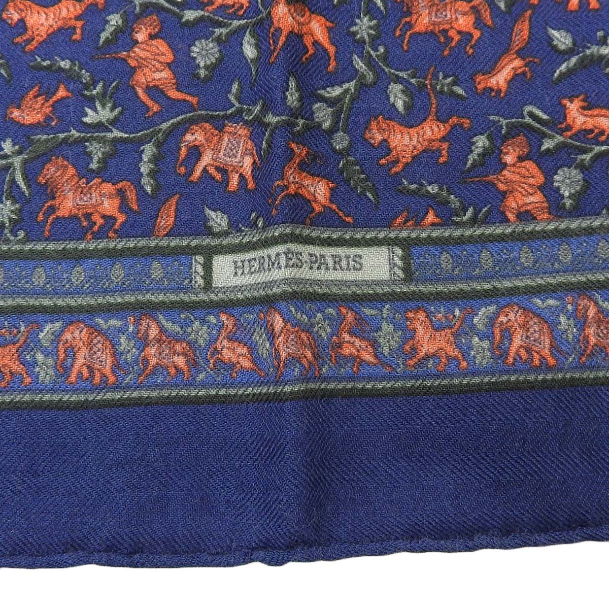 エルメス HERMES プチカレ スカーフ CHASSE EA INDE インドの狩猟 象 カシミヤ シルク ネイビー系 レディース メンズ 4376