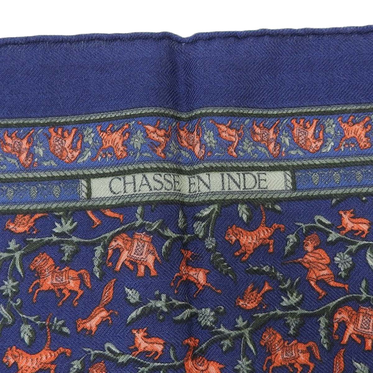 エルメス HERMES プチカレ スカーフ CHASSE EA INDE インドの狩猟 象 カシミヤ シルク ネイビー系 レディース メンズ 4376