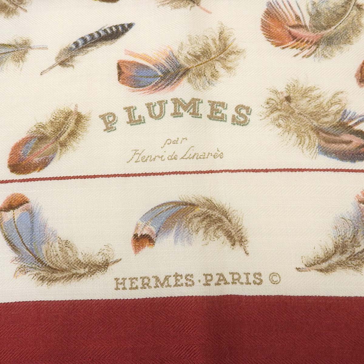 エルメス HERMES カレジュアン 90 スカーフ PLUMES 羽 カシミヤ シルク オフホワイト系 レッド レディース 4377