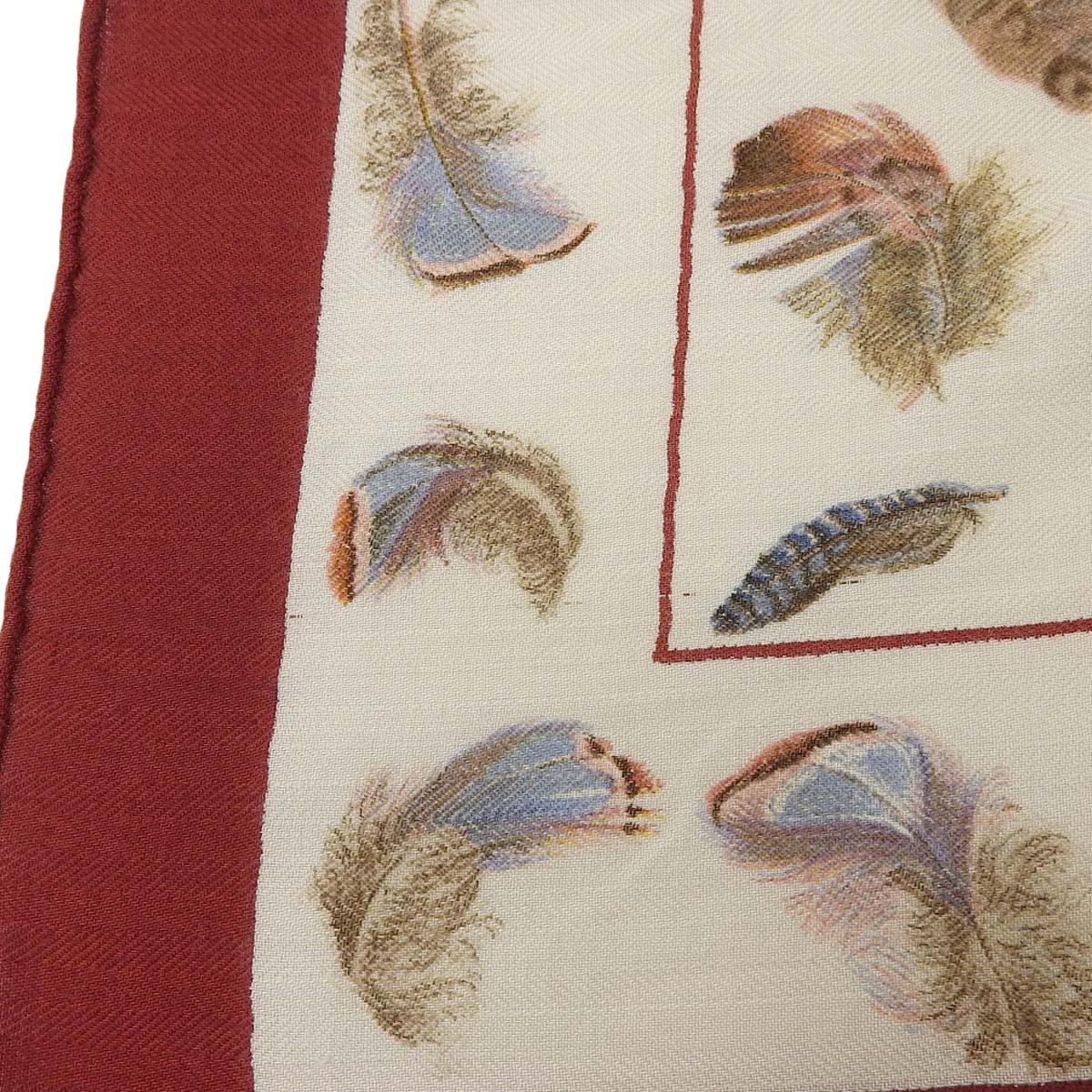 エルメス HERMES カレジュアン 90 スカーフ PLUMES 羽 カシミヤ シルク オフホワイト系 レッド レディース 4377