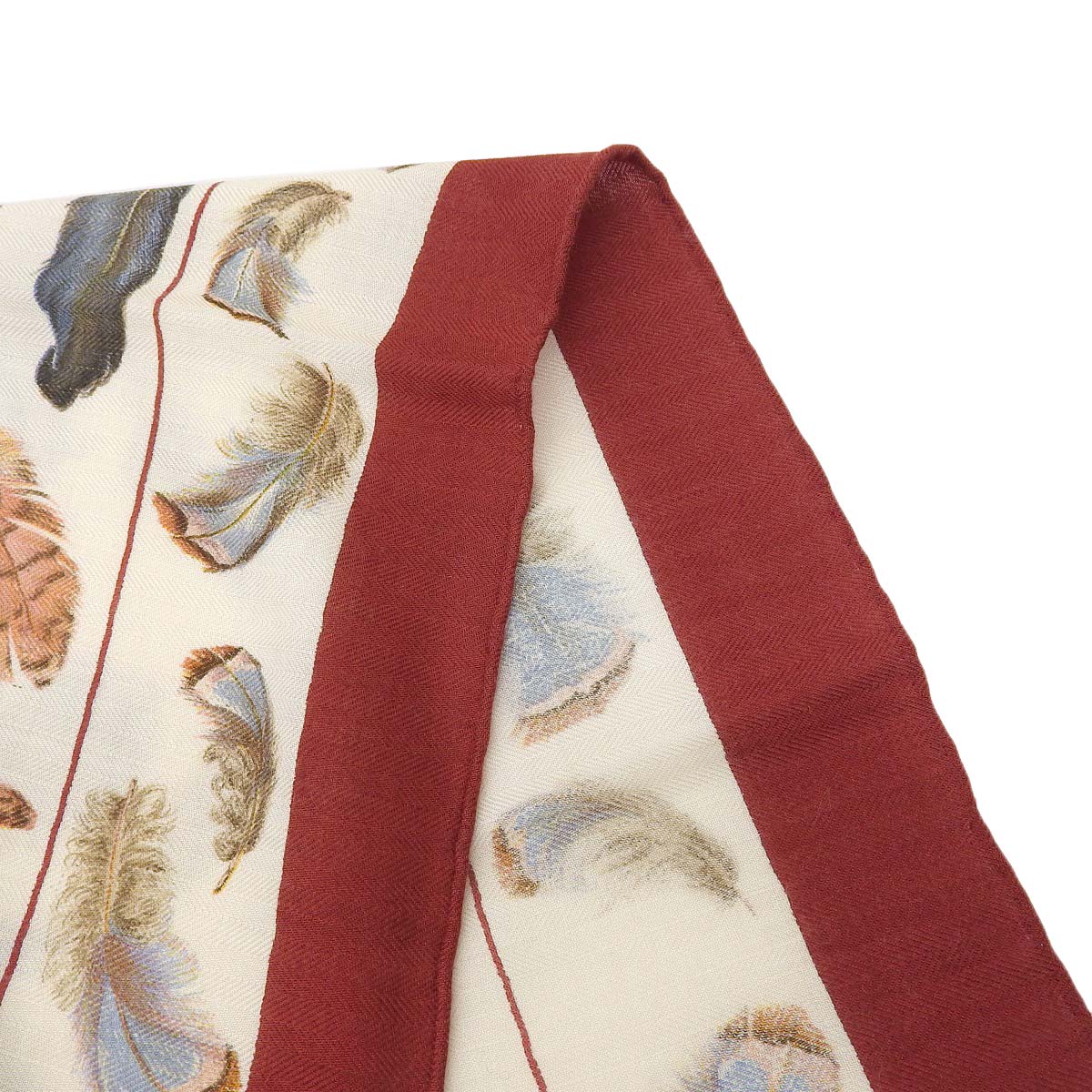 エルメス HERMES カレジュアン 90 スカーフ PLUMES 羽 カシミヤ シルク オフホワイト系 レッド レディース 4377