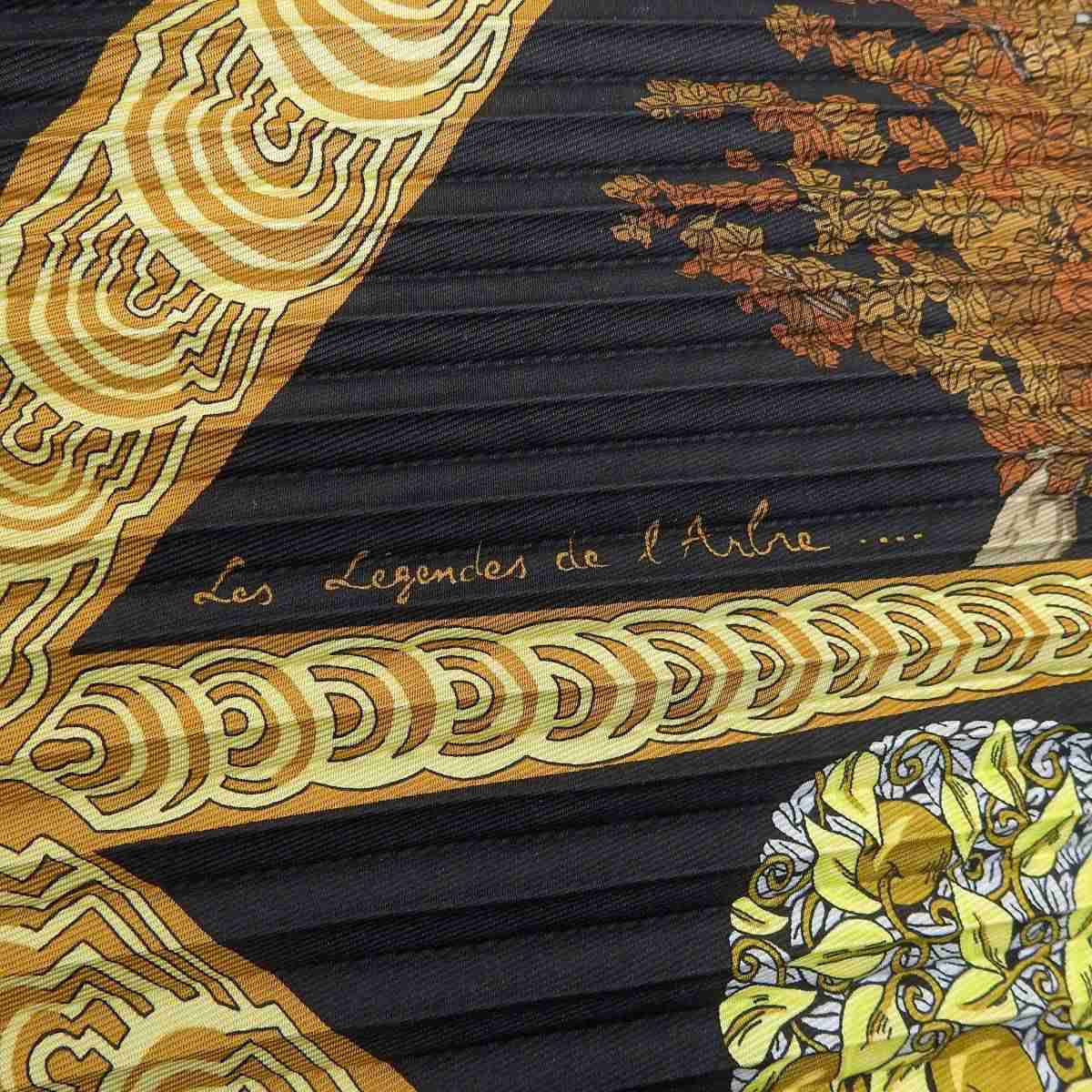 エルメス HERMES プリーツスカーフ 木の伝説 Les Legendes Larbre シルク ブラック×オレンジ系 暖色系 レディース 8346