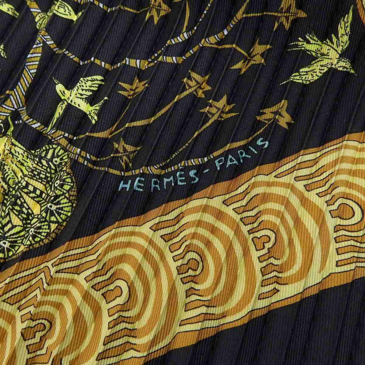 エルメス HERMES プリーツスカーフ 木の伝説 Les Legendes Larbre シルク ブラック×オレンジ系 暖色系 レディース 8346