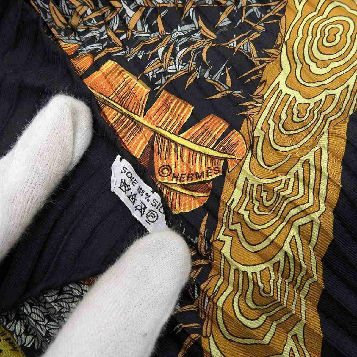 エルメス HERMES プリーツスカーフ 木の伝説 Les Legendes Larbre シルク ブラック×オレンジ系 暖色系 レディース 8346
