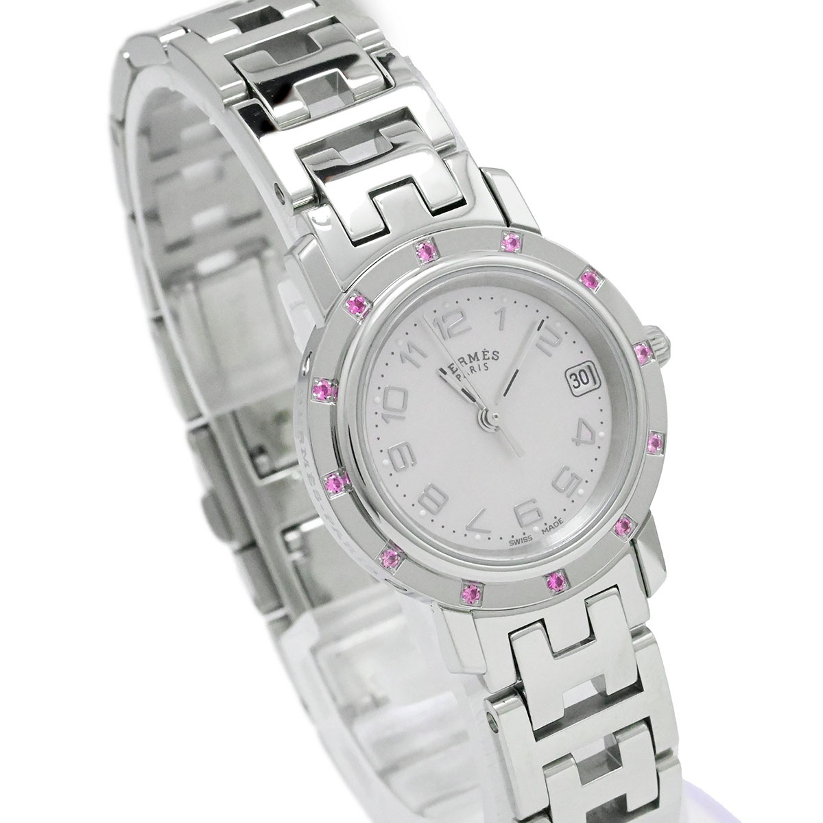 エルメス HERMES クリッパーナクレ SS×ピンクサファイア CL4.231 クォーツ レディース 腕時計  3809