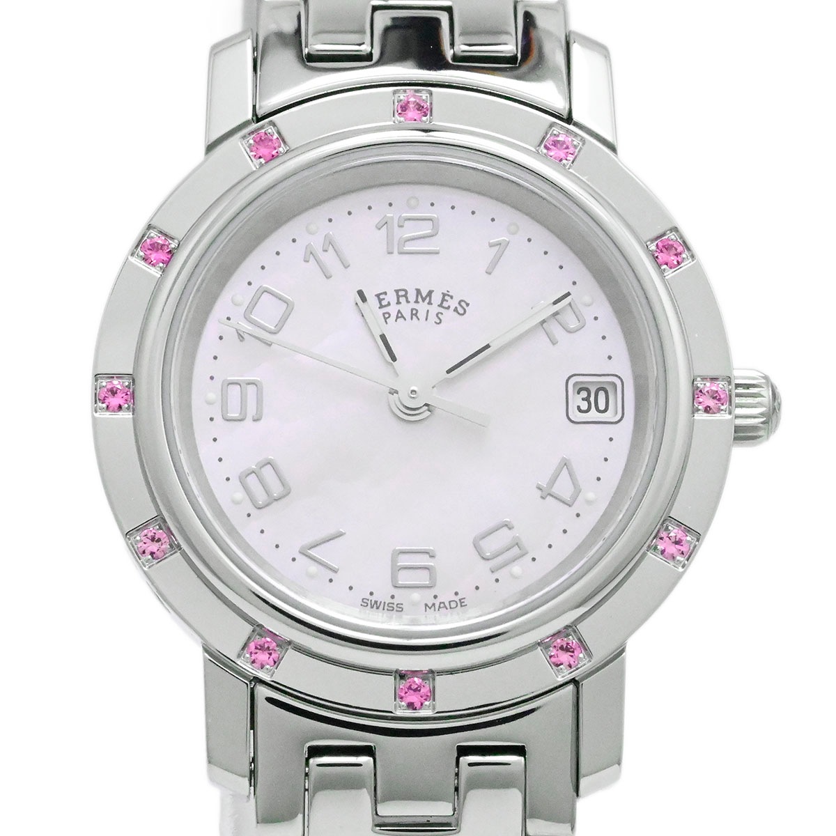 エルメス HERMES クリッパーナクレ SS×ピンクサファイア CL4.231 クォーツ レディース 腕時計  3809