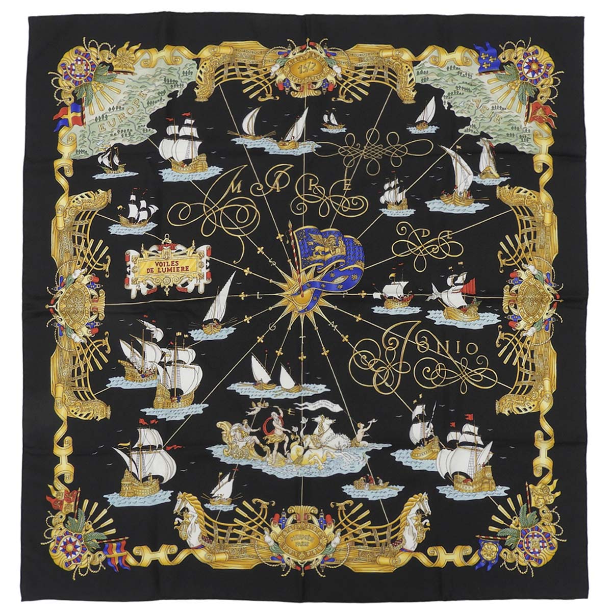 エルメス HERMES カレ90 VOILES DE LUMIERE 光の帆船 スカーフ シルク ブラック×マルチカラー レディース 4766