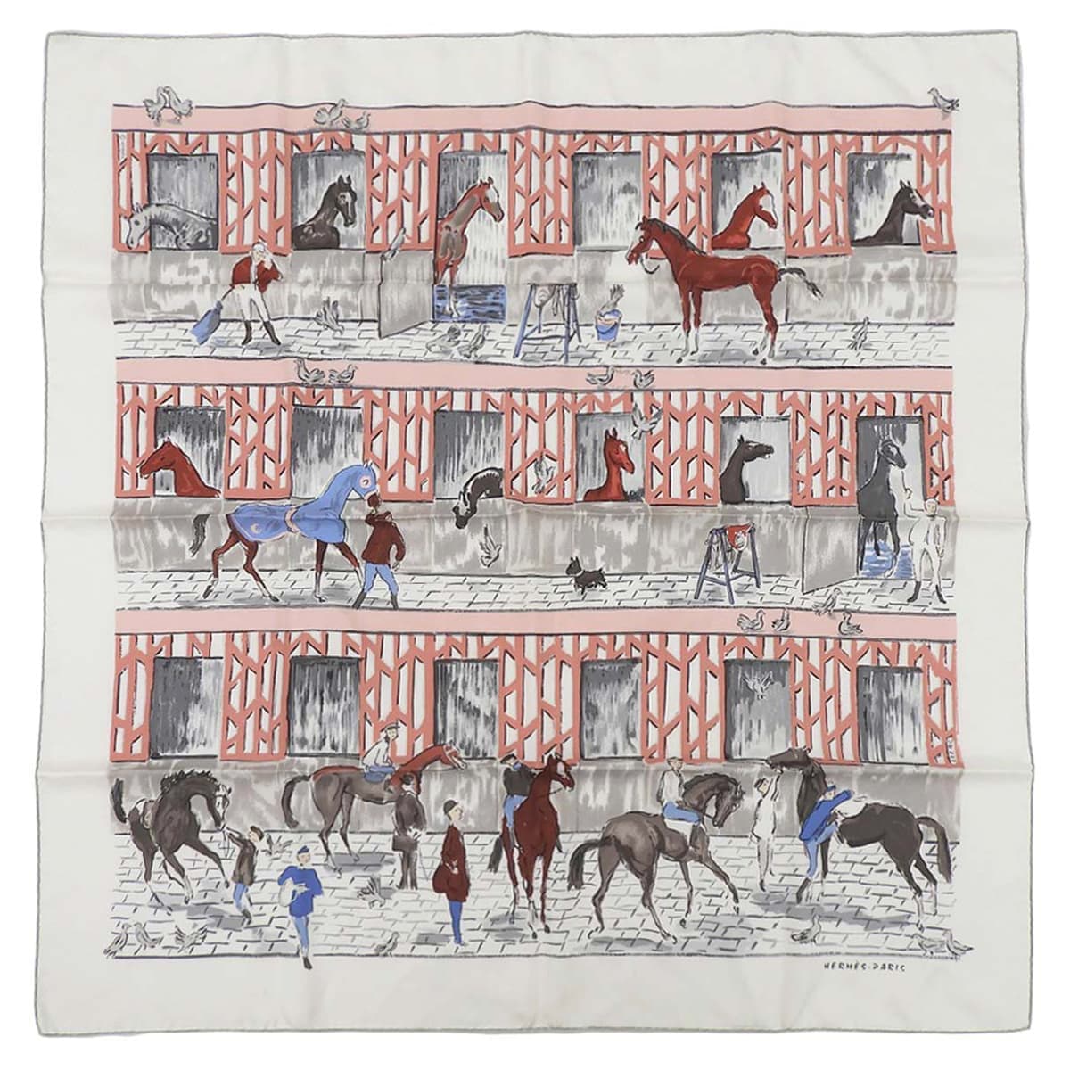 エルメス HERMES カレ90 CLERC クレール 厩舎 馬 競走馬 スカーフ シルク ホワイト×マルチカラー レディース 4767