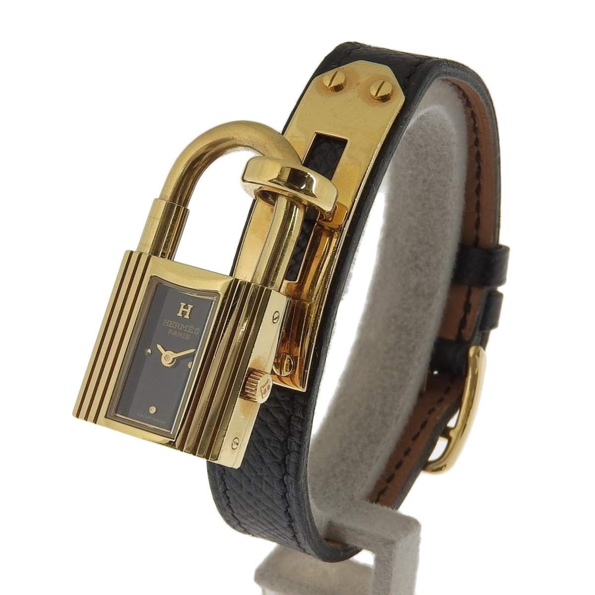 エルメス HERMES ケリーウオッチ クォーツ 腕時計 GP レザーベルト ゴールドカラー ブラック文字盤 レディース カデナ 4196