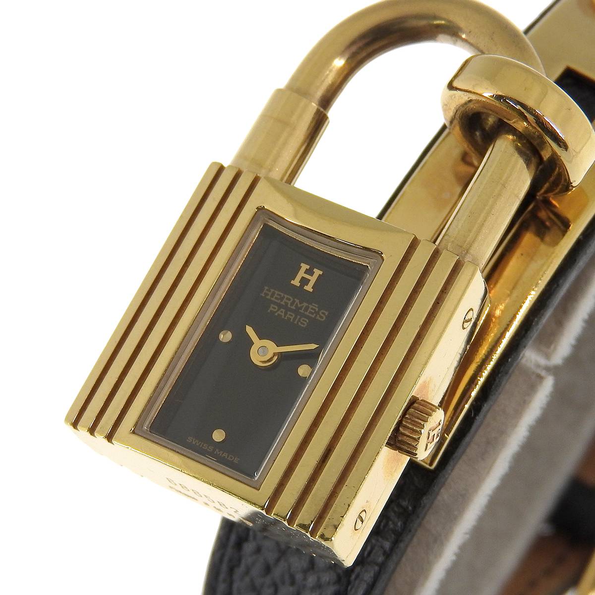 エルメス HERMES ケリーウオッチ クォーツ 腕時計 GP レザーベルト ゴールドカラー ブラック文字盤 レディース カデナ 4196