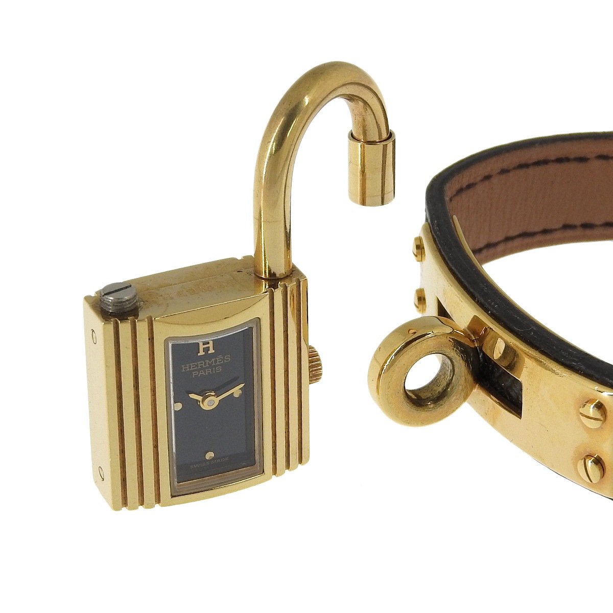 エルメス HERMES ケリーウオッチ クォーツ 腕時計 GP レザーベルト ゴールドカラー ブラック文字盤 レディース カデナ 4196