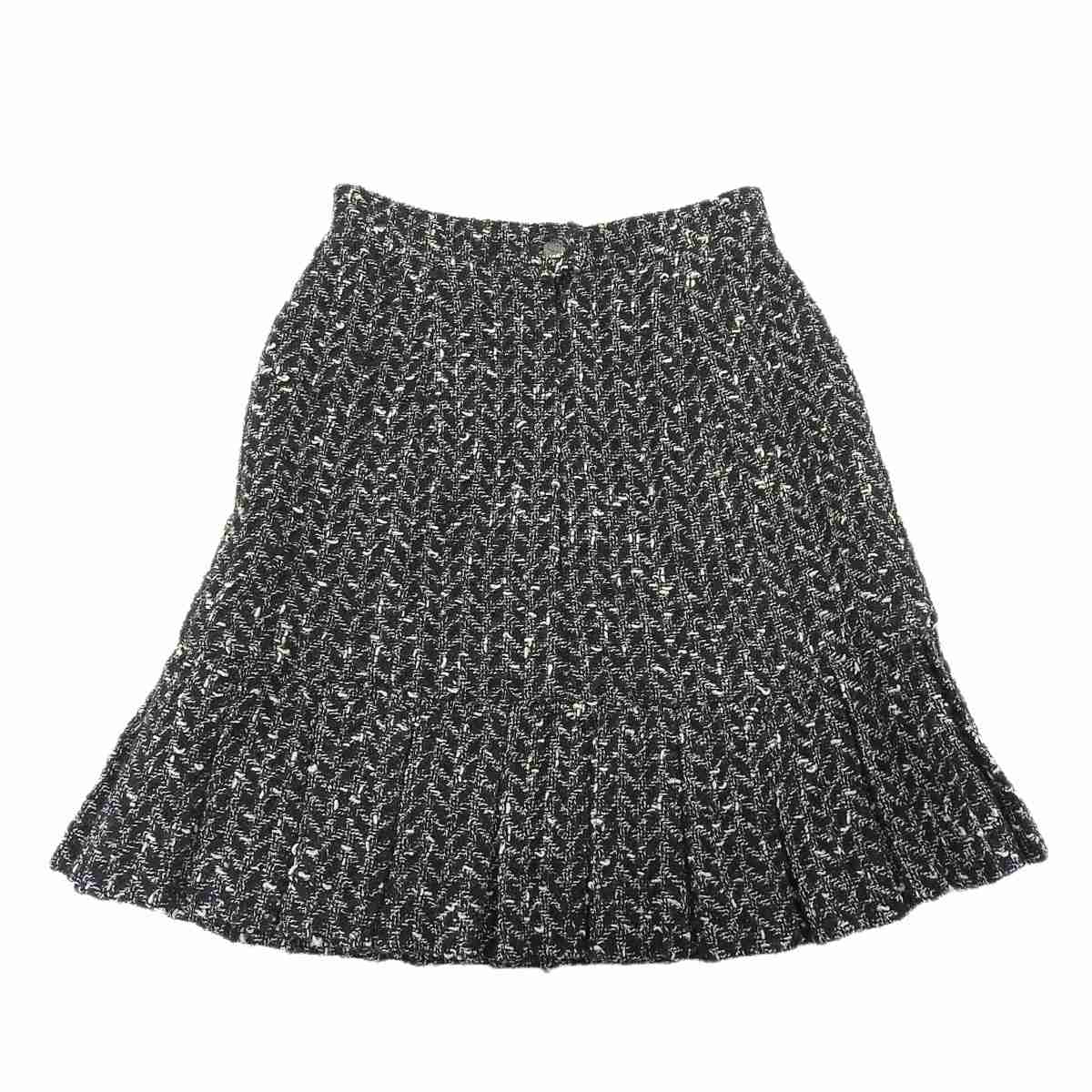 シャネル CHANEL ツイード ミニ プリーツスカート ブラック ホワイト 38 レディース 97A 8352