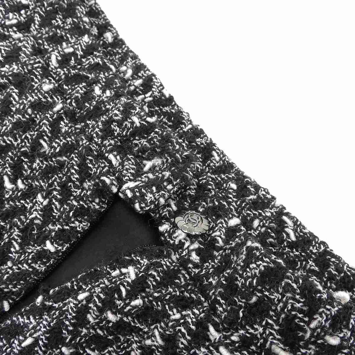 シャネル CHANEL ツイード ミニ プリーツスカート ブラック ホワイト 38 レディース 97A 8352