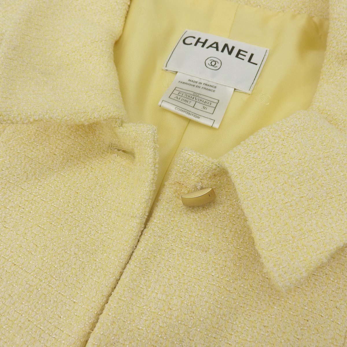 シャネル CHANEL ツイード ジャケット コート スクエアボタン コットン ウール ナイロン クリーム 36 レディース 4613