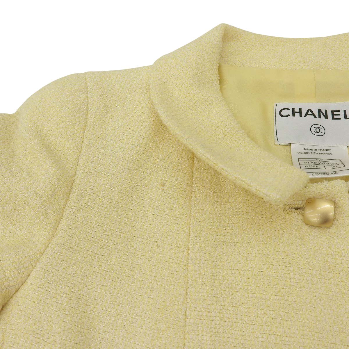 シャネル CHANEL ツイード ジャケット コート スクエアボタン コットン ウール ナイロン クリーム 36 レディース 4613