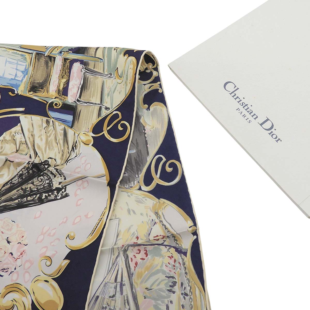 ディオール DIOR スカーフ ヴィンテージ バラ ピアノ ベッド 鏡 椅子 香水 シルク ネイビー×マルチカラー レディース 4770