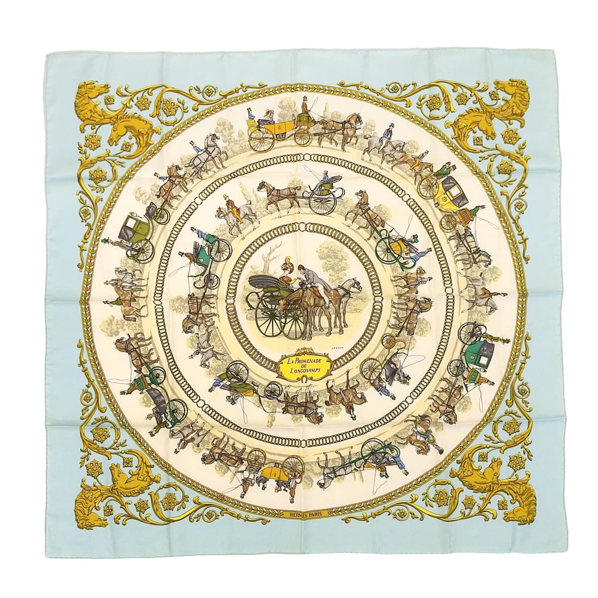 エルメス HERMES カレ90 ロンシャンへの散歩 馬車 スカーフ シルク ライトブルー×マルチカラー レディース 4682