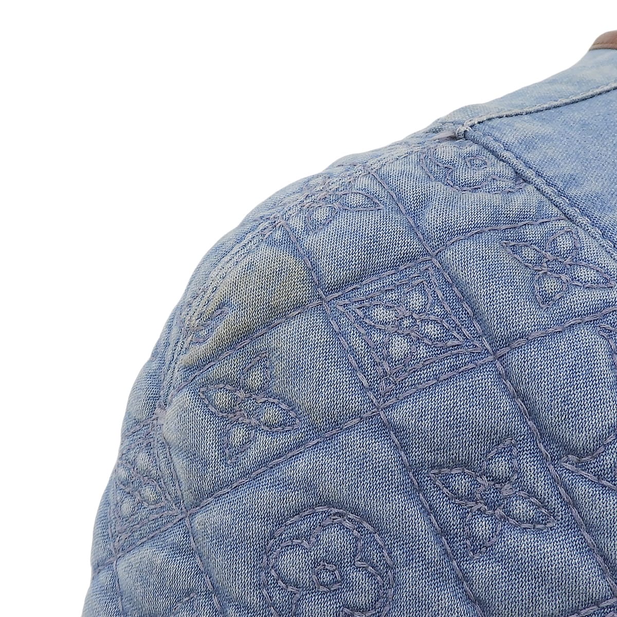 ルイヴィトン LOUIS VUITTON デニム ワンピース 半袖 モノグラム刺繍 キルティング フロントボタン 襟レザー 40 綿×ポリウレタン×レザー 4849