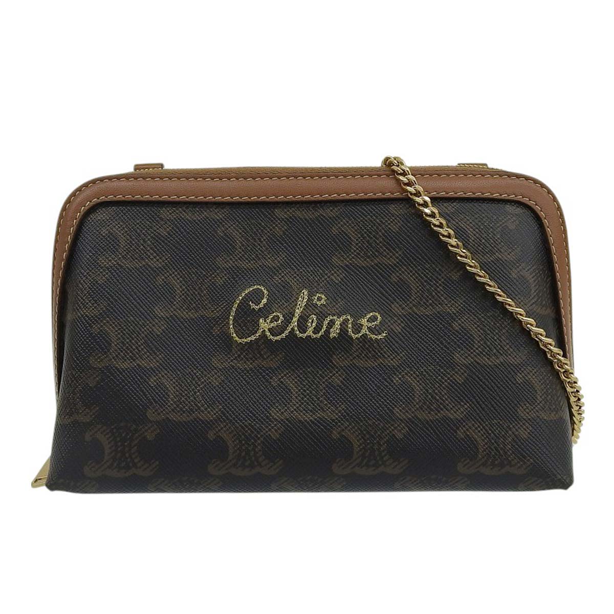 セリーヌ CELINE トリオンフ チェーンショルダーバッグ ロゴ刺繍  コーティングキャンバス ブラウン レディース  4617