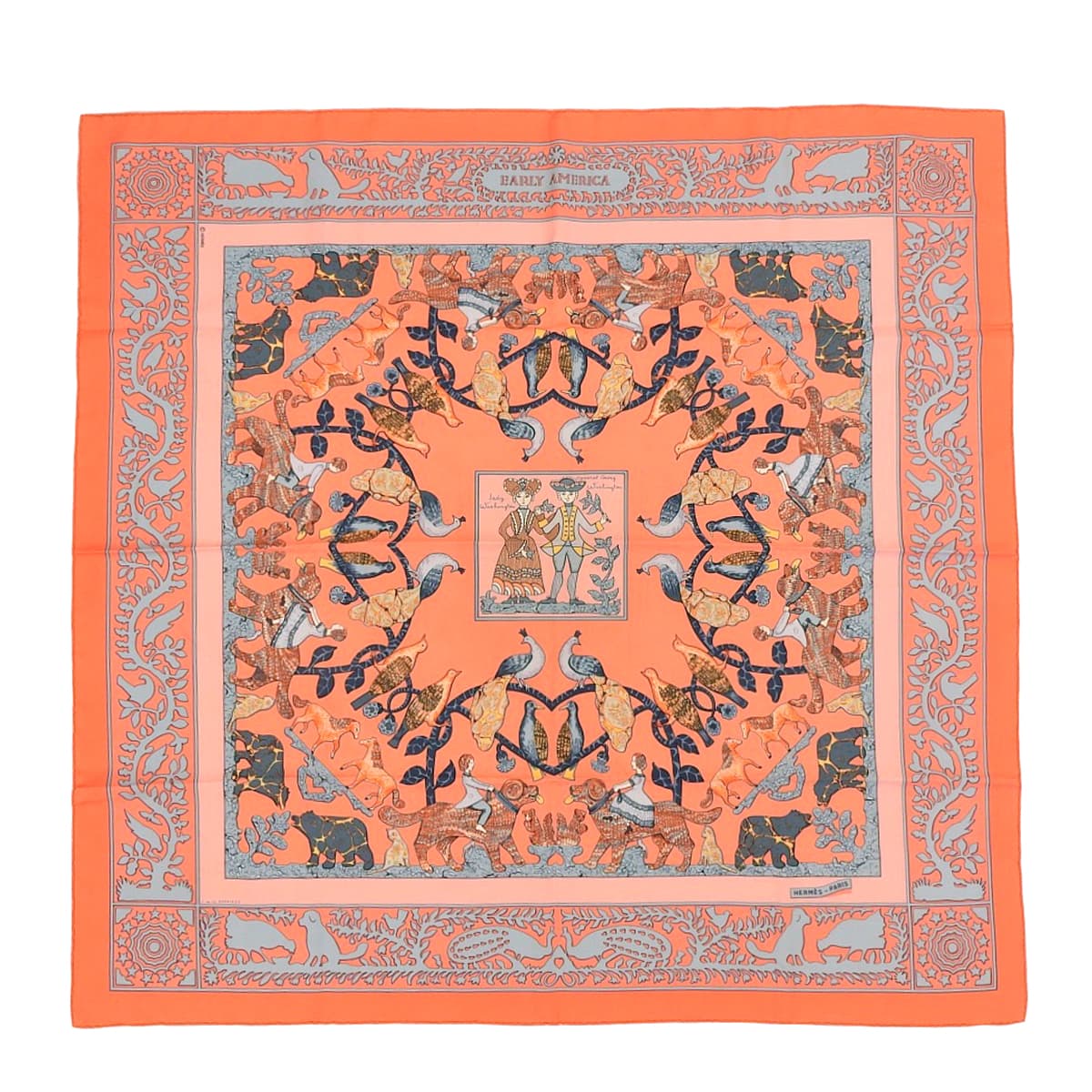 エルメス HERMES カレ90 EARLY AMERICA 古き良きアメリカ 動物 アニマル スカーフ シルク ピンク系×マルチカラー レディース 4684