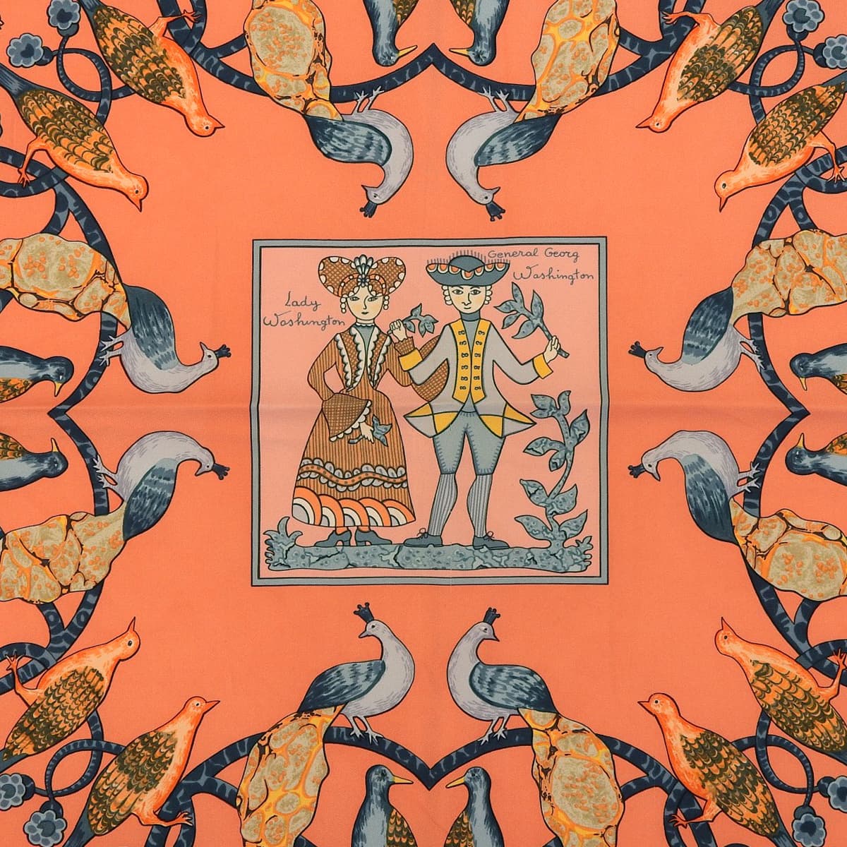 エルメス HERMES カレ90 EARLY AMERICA 古き良きアメリカ 動物 アニマル スカーフ シルク ピンク系×マルチカラー レディース 4684